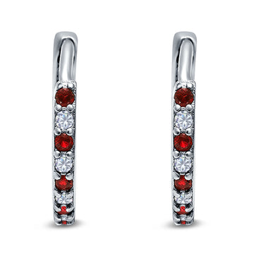 Half Eternity Hoop Earrings Round Simulated Garnet Cubic Zirconia 925 Sterling Silver (16mm)